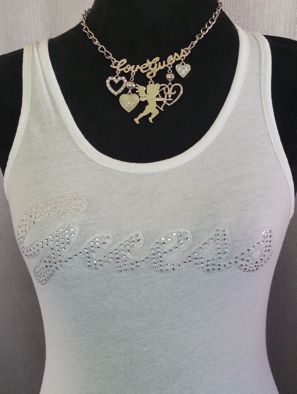 Guess White Tank Top with Rhinestone Script Logo - Picture 3 of 5